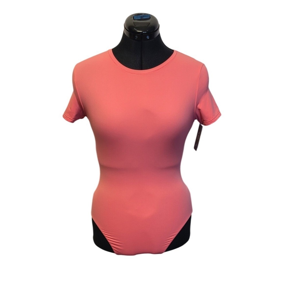 Auden Luxury Collection‎ Coral Pink Short Sleeve Crewneck Bodysuit Small NWT